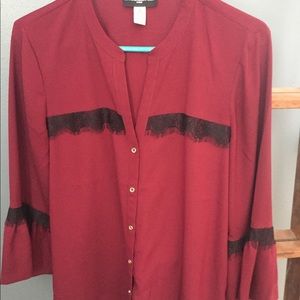 Blouse. Dark red, bell sleeve. Lace detail.